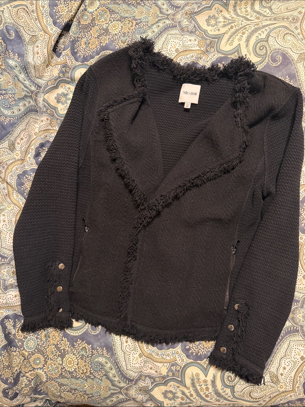 NIC+ZOE Black Frayed-Trim Knit Blazer